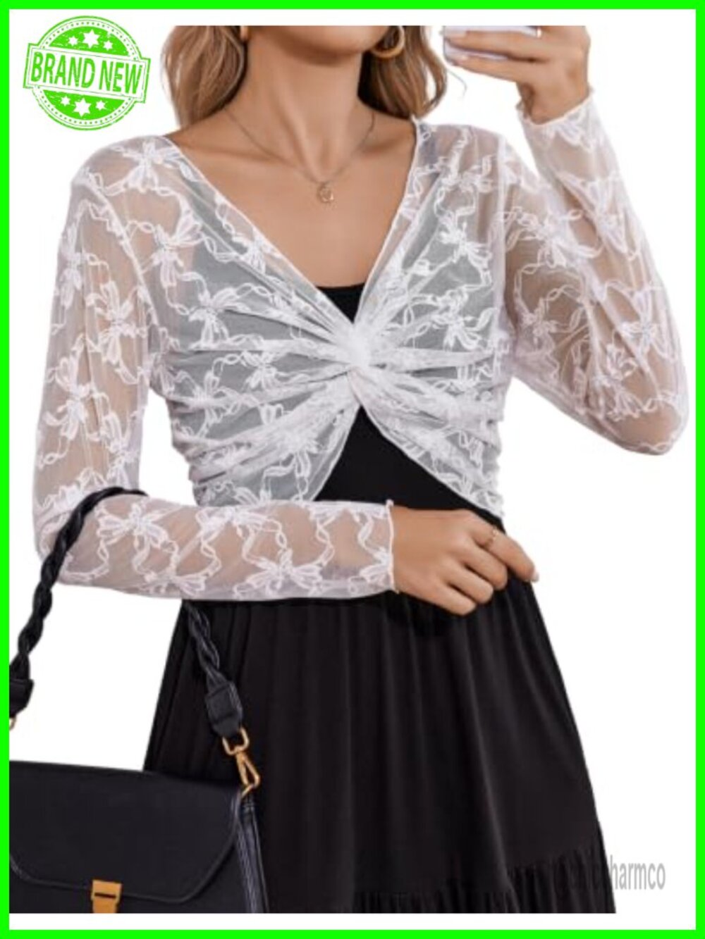 Lace Bolero Shrug Front Knotted V-Neck Crop Top Long Sleeve